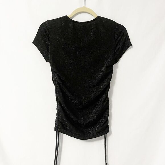 🟢By the way Black Metallic Silver Speckled Cinch Short Sleeve Top Size XXS - Picture 2 of 5